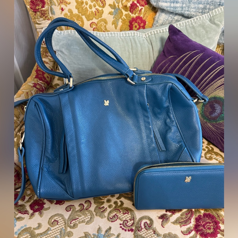 Ora Delphine Teal Leather Bag with matching wallet